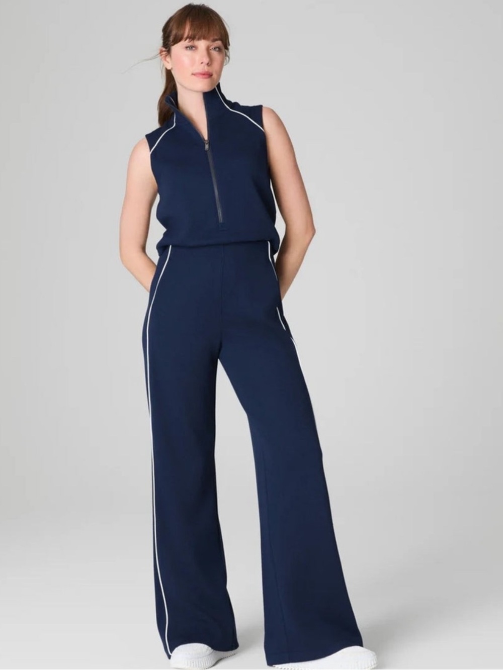 Spanx Airpique Sleeveless Mockneck Jumpsuit Navy Color Size Small